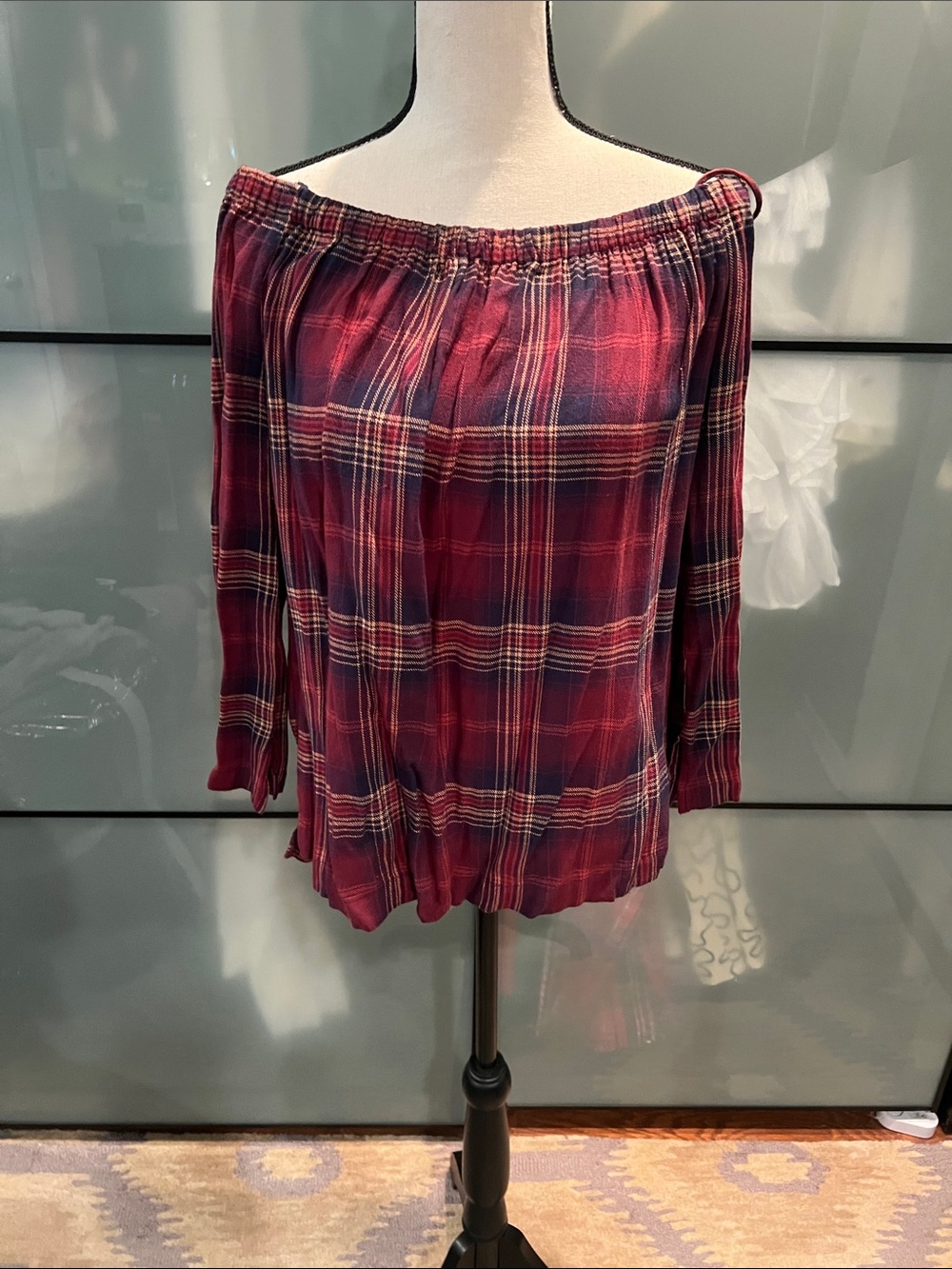Off-Shoulder Plaid Top in Burgundy and Navy